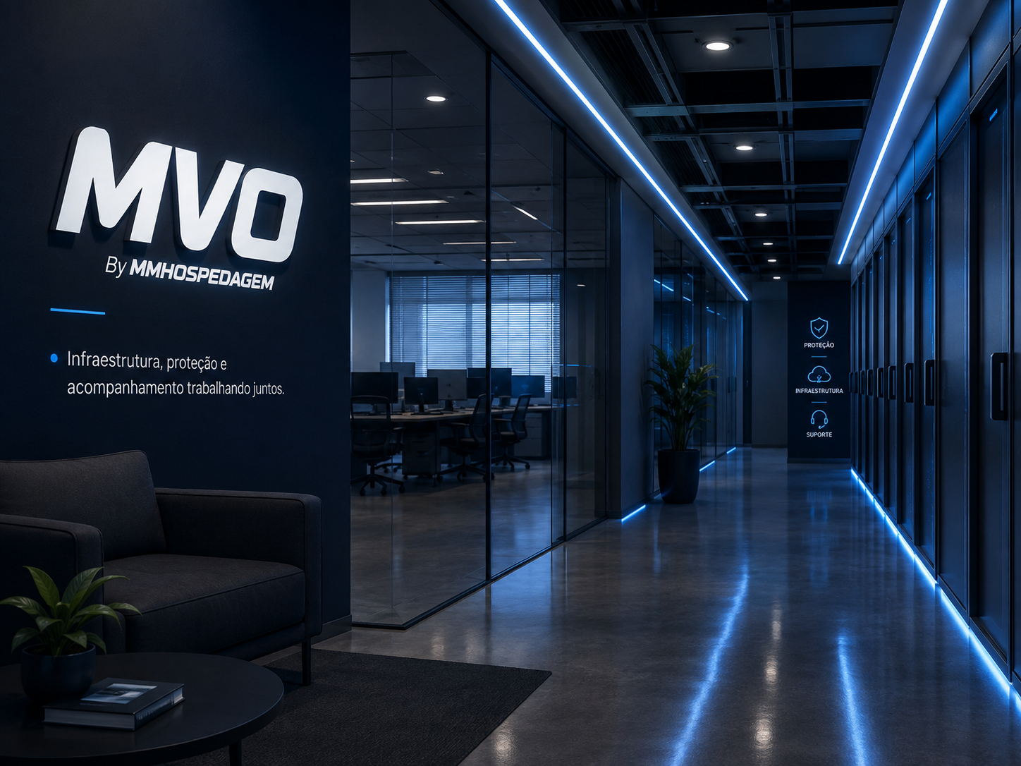 Ambiente corporativo e infraestrutura cloud da MVO, com servidores e conectividade monitorada