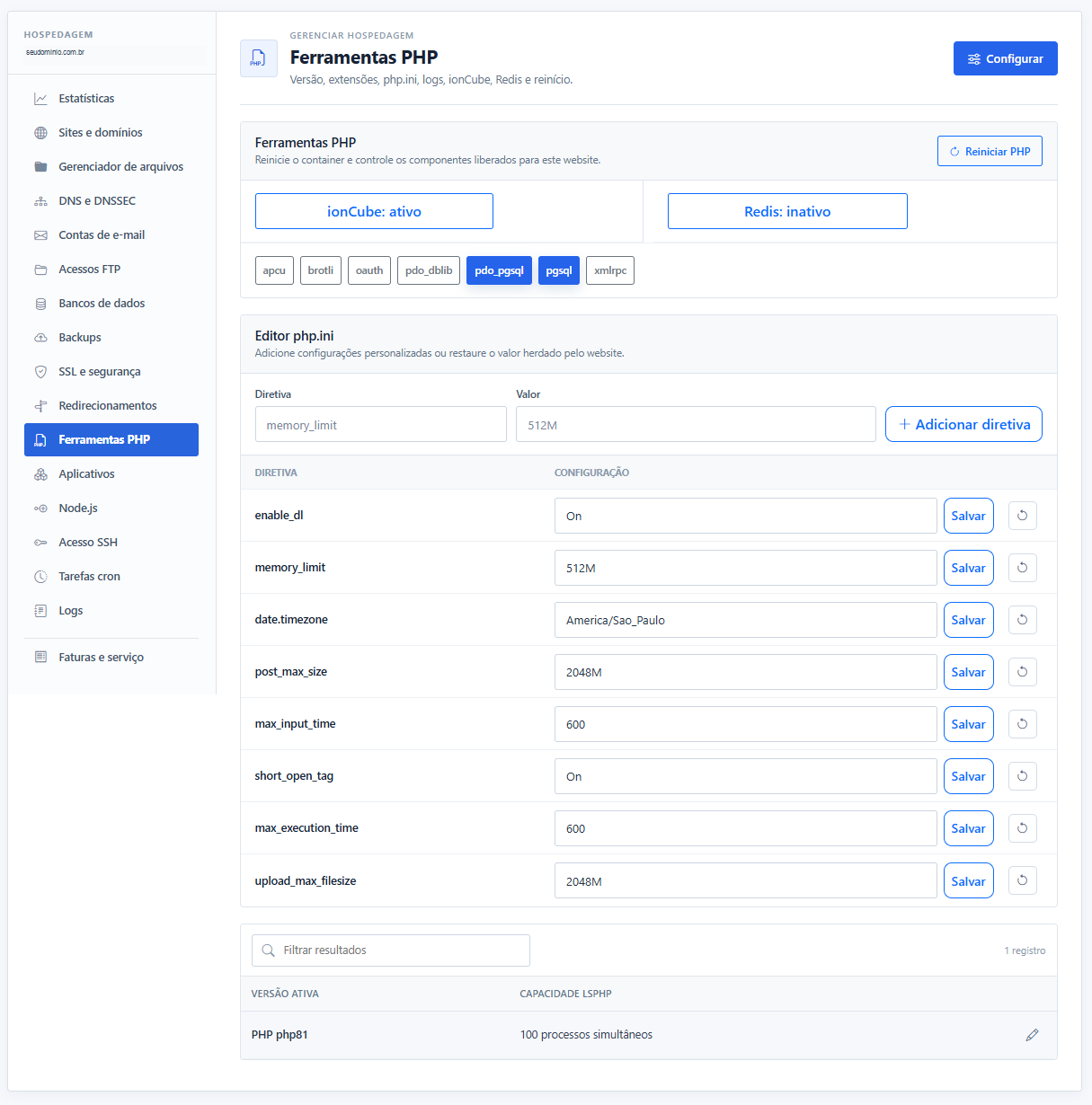 Ferramentas PHP e editor php.ini no Centro de Hospedagem
