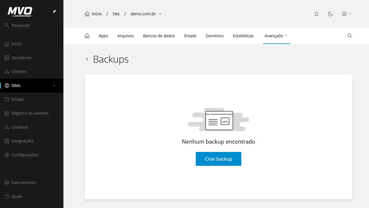 Tela oficial de backups da hospedagem demonstrativa demo.com.br no Enhance
