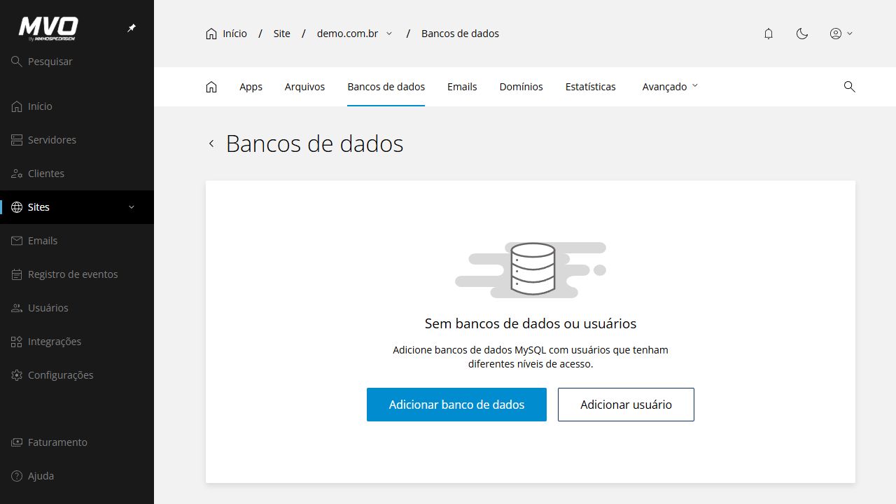 Tela oficial de bancos de dados da hospedagem demonstrativa demo.com.br no Enhance