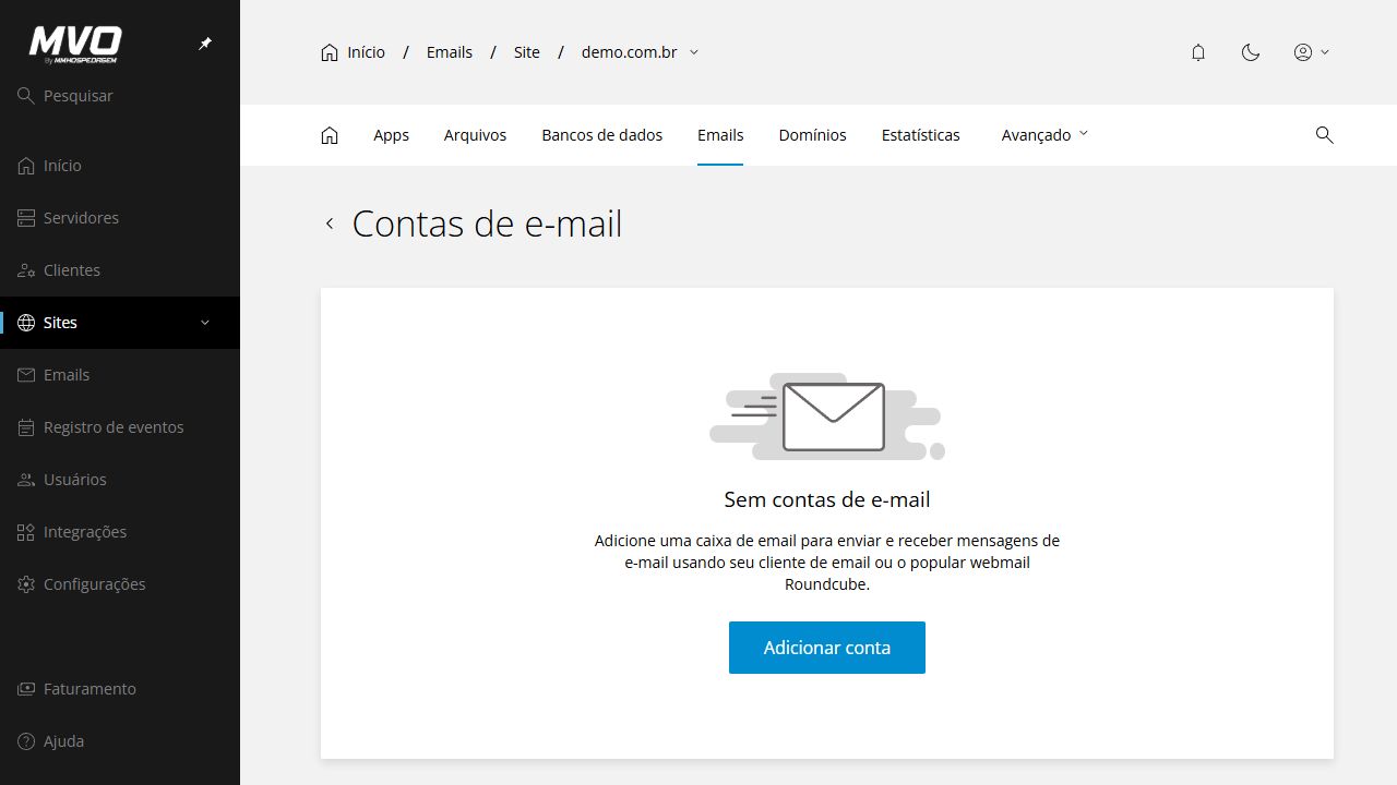 Tela oficial de e-mails da hospedagem demonstrativa demo.com.br no Enhance