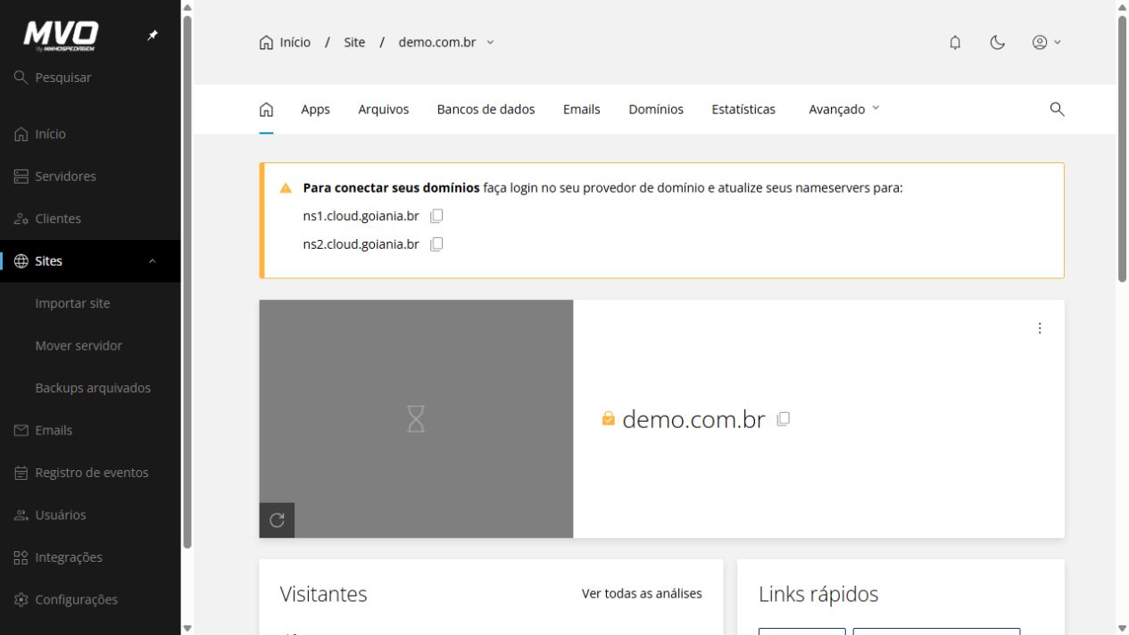 Visão geral oficial da hospedagem demonstrativa demo.com.br no Enhance