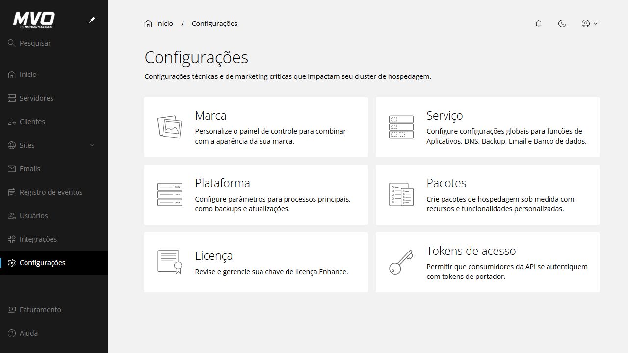 Tela oficial de configurações de marca, plataforma e pacotes da revenda Enhance