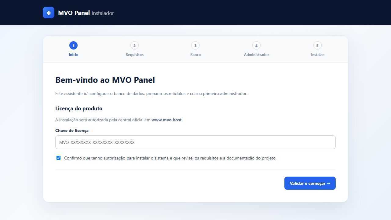 Etapa inicial do instalador do MVO Panel para informar e validar a licença